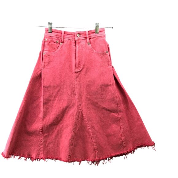 Free People Dresses & Skirts - Free People FP One Peyton Midi Skirt Womens 0 Pink Denim Frayed A-Line